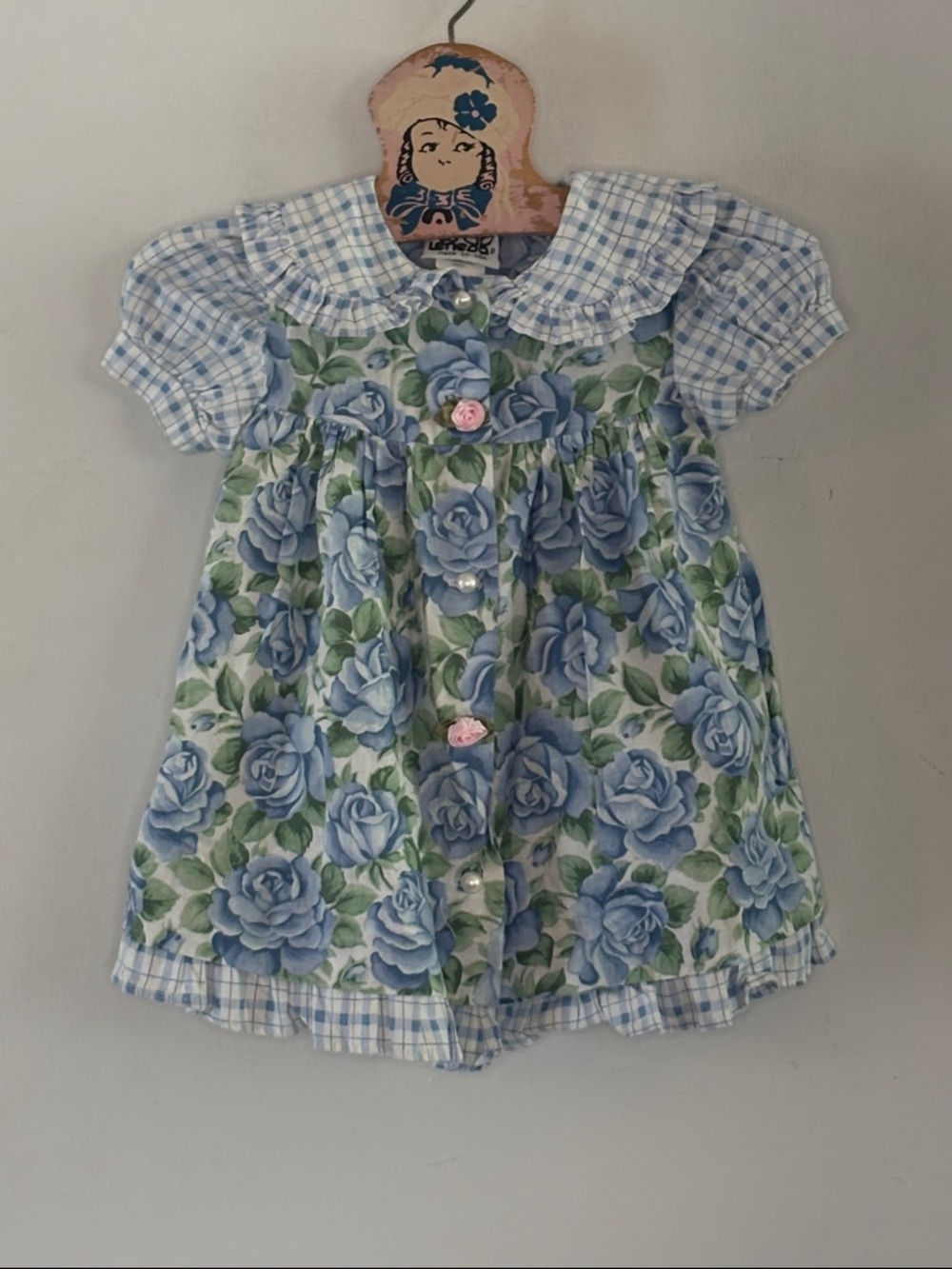 Vintage Jolene blue white green cabbage rose dress Size 24 Months